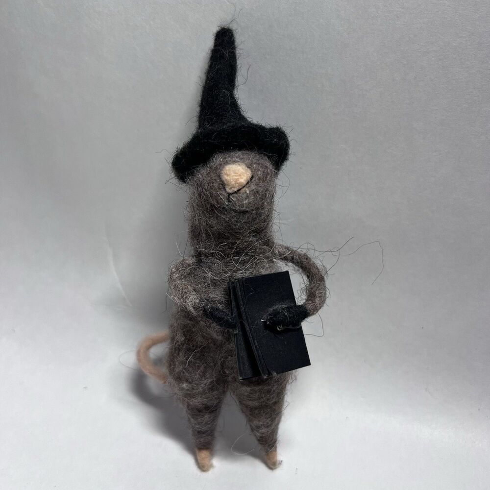 Needle Felted Wool Mouse Witch Figurine Halloween Spell Book Decor Handcrafted